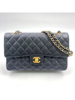 Chanel Quilted 25 Double Flap Chain Shoulder Caviar Leather Black Bag Gold
